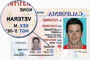 Picture of a sample Veterans California Driver's License. The word veteran appears on the driver's license and is also shown circled in a magnified view.